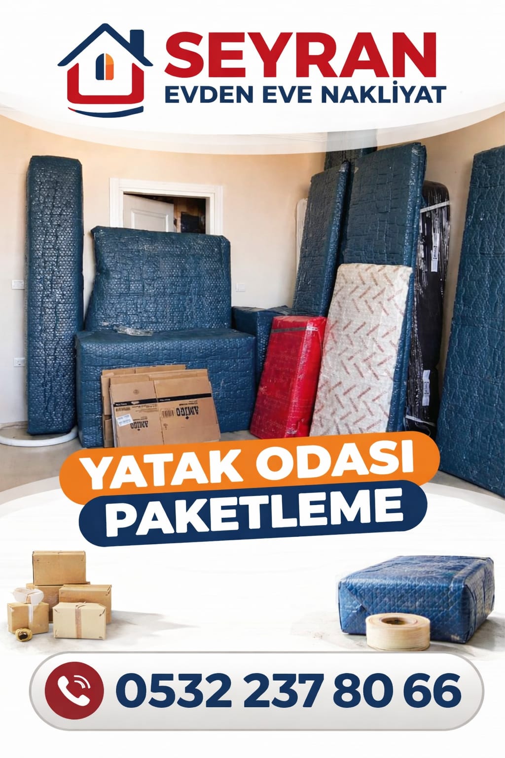 Battaniye ve balonlu naylonla paketlenmiş yatak odası takımı