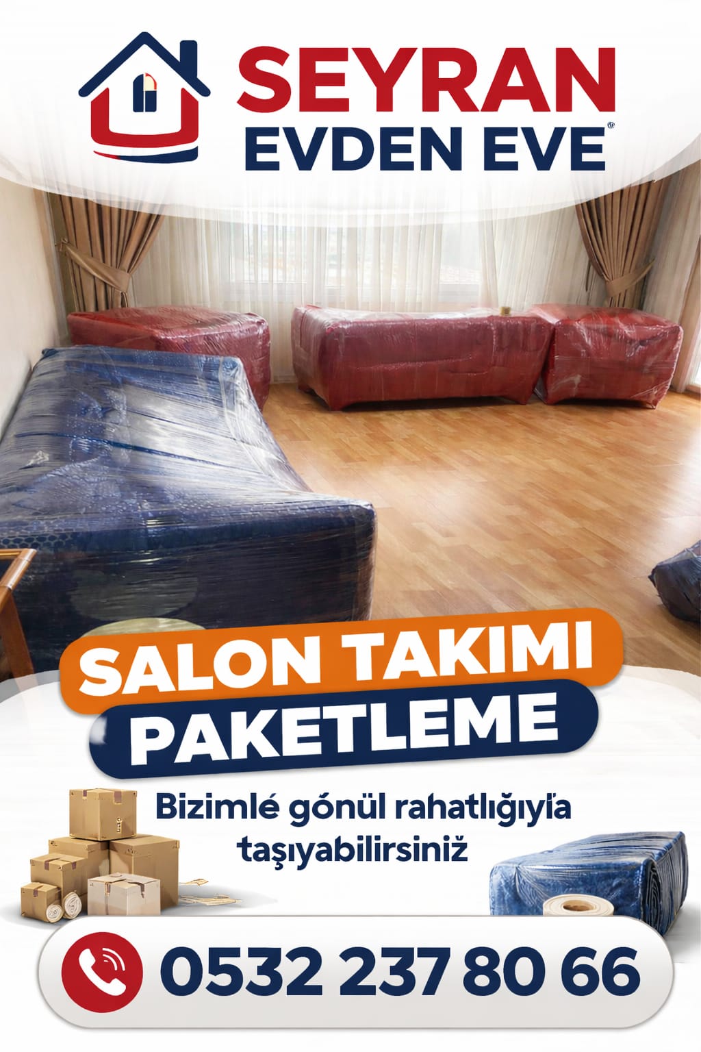 Streç filmle sarılmış salon takımı ve koltuklar